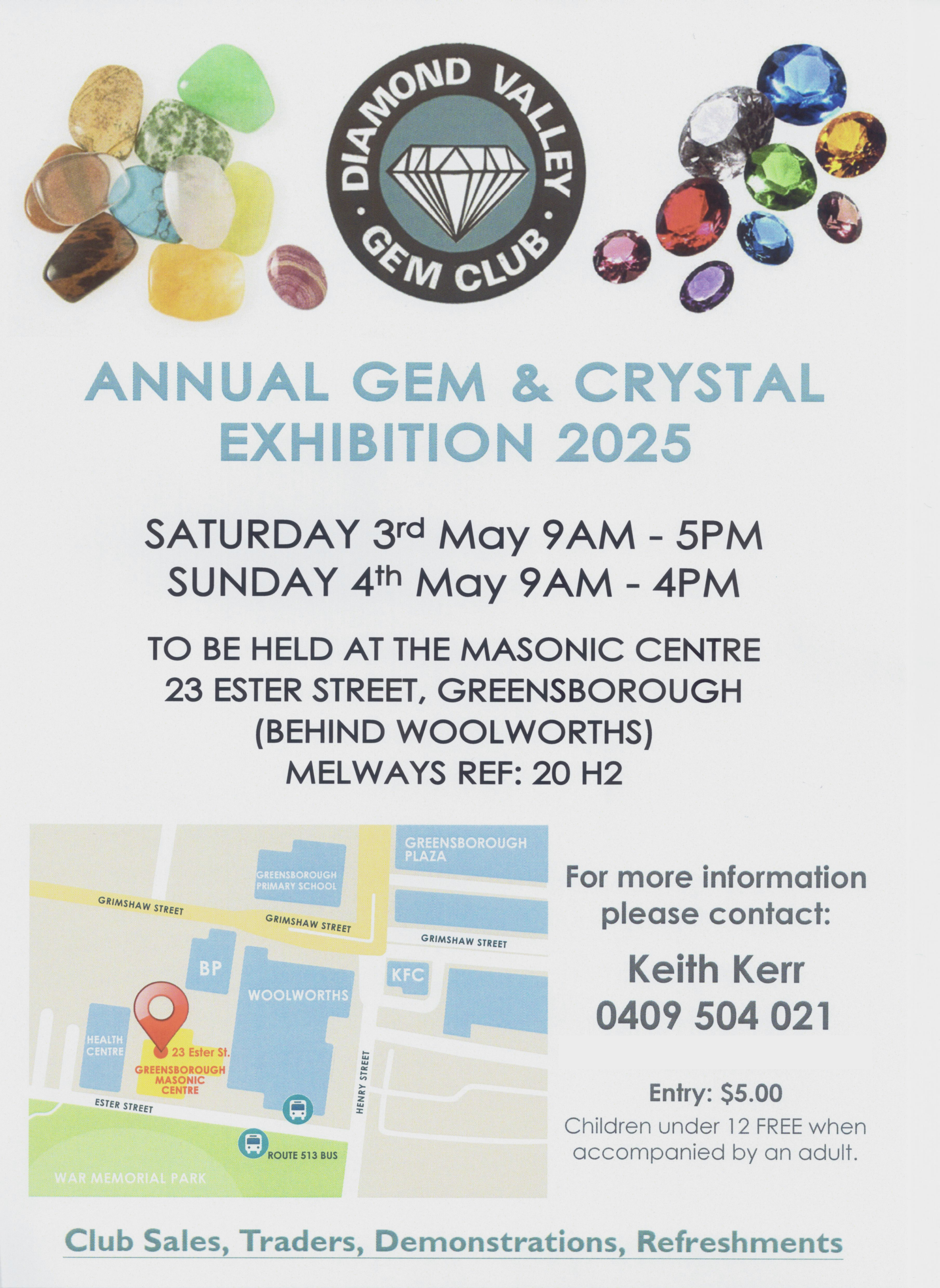 Flyer for Diamond Valley Gem Club Annual Gem Show.  Picture of gemstones and facetted gems of various colours. Dates and times of this years show and map showing location.